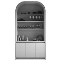 Stylish Wooden Sideboard with Marble Back Panel and Shelves Holding Dishes Glasses and Decor