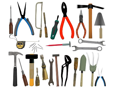 Essential Hardware Tools Assortment With Pliers Hammers Wrenches Screwdrivers Saw And Tape Measure 3d model