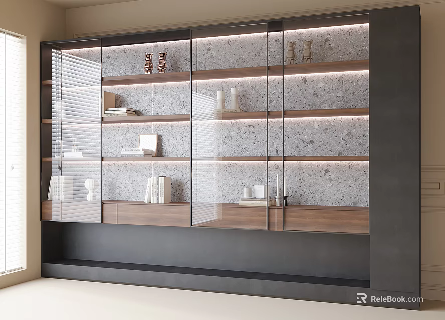 Modern Bookcase With Glass Doors Interior Shelves LED Lighting And Decorative Items 3d model 