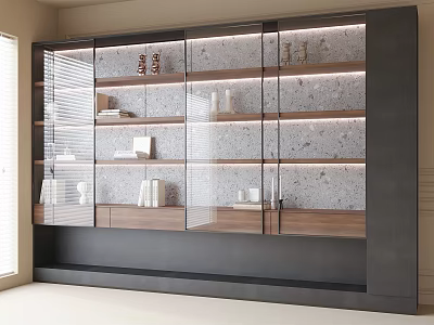 Modern Bookcase With Glass Doors Interior Shelves LED Lighting And Decorative Items 3d model
