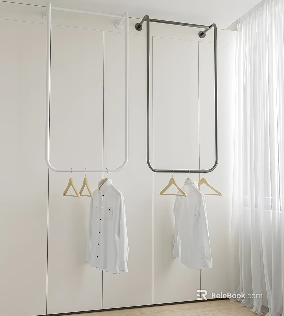 White And Black Hanging Metal Hangers With Minimalist Design Holding White Shirts In Bright Interior 3d model 