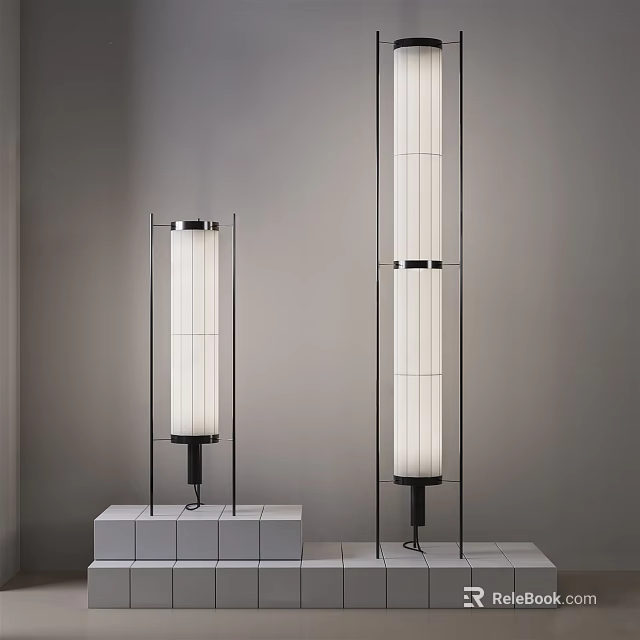 Modern Floor Lamps With Black Metal Frames And White Cylindrical Shades On Square Bases 3d model 