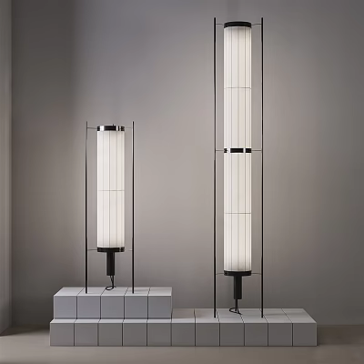Modern Floor Lamps With Black Metal Frames And White Cylindrical Shades On Square Bases 3d model