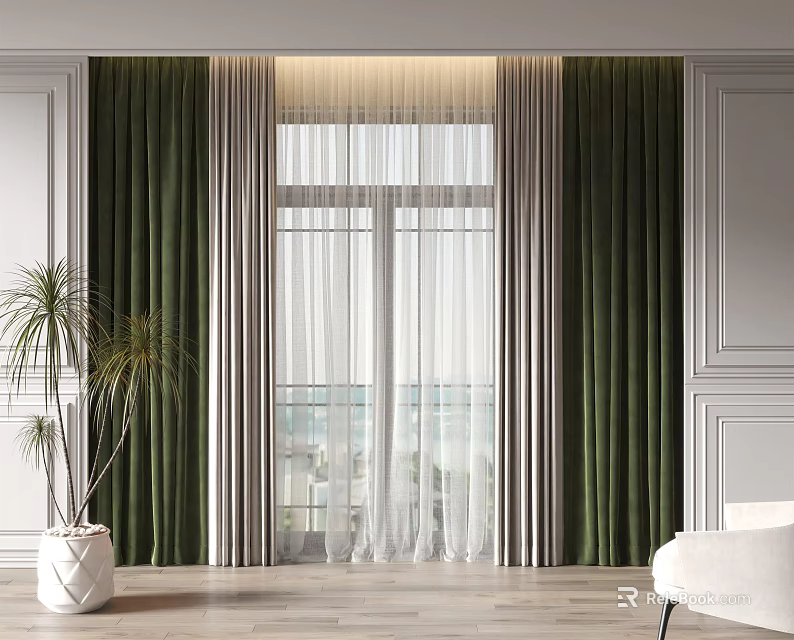 Green Velvet Curtains With Sheer Panels In Room Interior With Sea View And Potted Plant 3d model 