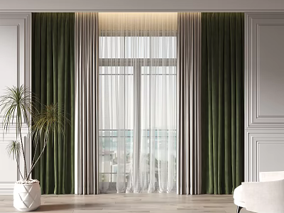 Green Velvet Curtains With Sheer Panels In Room Interior With Sea View And Potted Plant 3d model