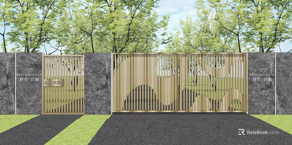Building Exterior Wall Featuring Wooden Lattice Design Stone Panel Surrounded By Green Trees Grass 3d model 