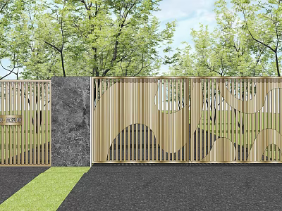 Building Exterior Wall Featuring Wooden Lattice Design Stone Panel Surrounded By Green Trees Grass 3d model