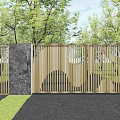 Building Exterior Wall Featuring Wooden Lattice Design Stone Panel Surrounded By Green Trees Grass