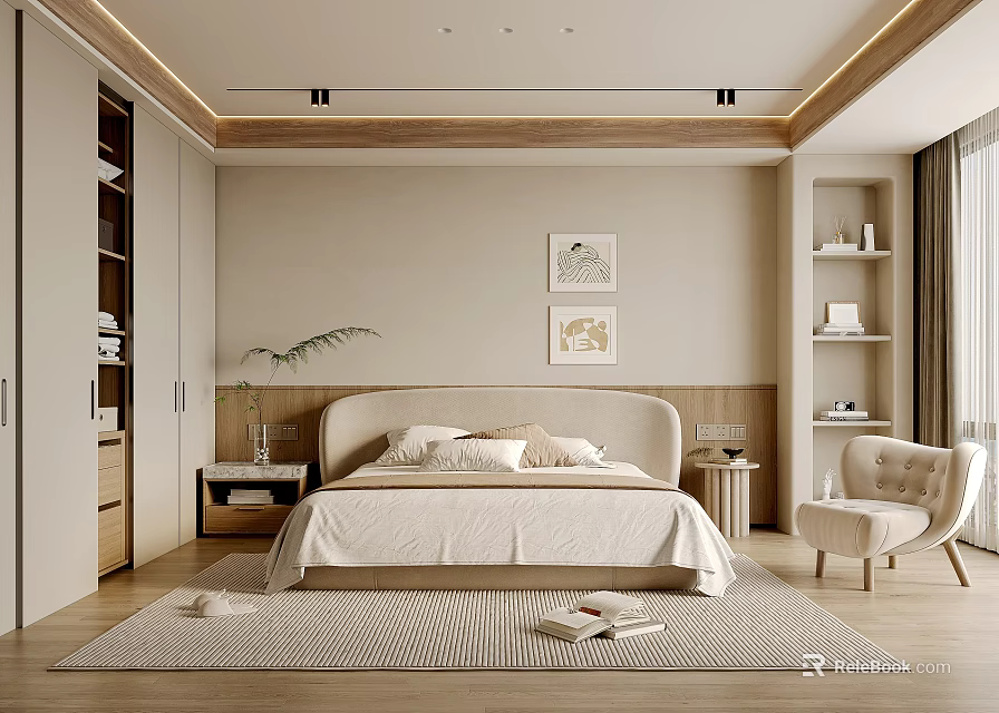Modern Bedroom Interior With Bed Nightstand Area Rug Decorative Paintings Cozy Chair And Storage Cabinet 3d model 