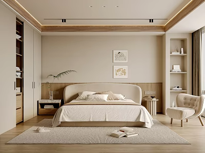Modern Bedroom Interior With Bed Nightstand Area Rug Decorative Paintings Cozy Chair And Storage Cabinet 3d model