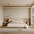 Modern Bedroom Interior With Bed Nightstand Area Rug Decorative Paintings Cozy Chair And Storage Cabinet