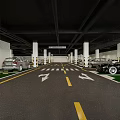 Organized Underground Parking Lot With Parked Cars Directional Arrows Marked Spaces And White Columns