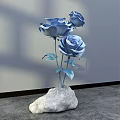 Floral Decoration With Three Blue Roses On Stone Base And Gray Background Shadow