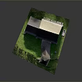 Traditional Stone Church Building With Spire Cross Dark Roof And Green Grass