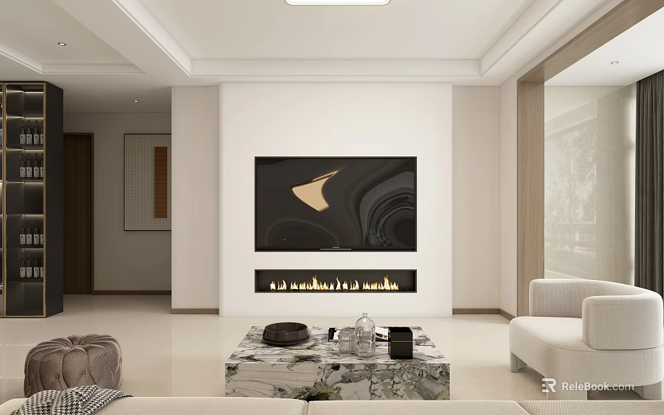 Modern Minimalist Living and Dining Room With White Walls Black TV Fireplace Marble Coffee Table 3d model 
