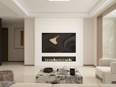 Modern Minimalist Living and Dining Room With White Walls Black TV Fireplace Marble Coffee Table 3d model