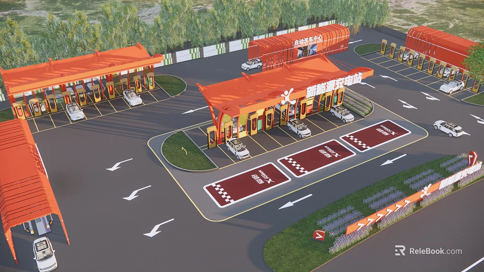 Parking Lot Featuring Orange Buildings Marked Spaces Cars Directional Arrows And Greenery 3d model 