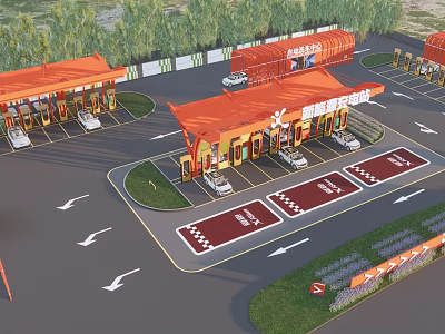 Parking Lot Featuring Orange Buildings Marked Spaces Cars Directional Arrows And Greenery 3d model