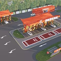 Parking Lot Featuring Orange Buildings Marked Spaces Cars Directional Arrows And Greenery