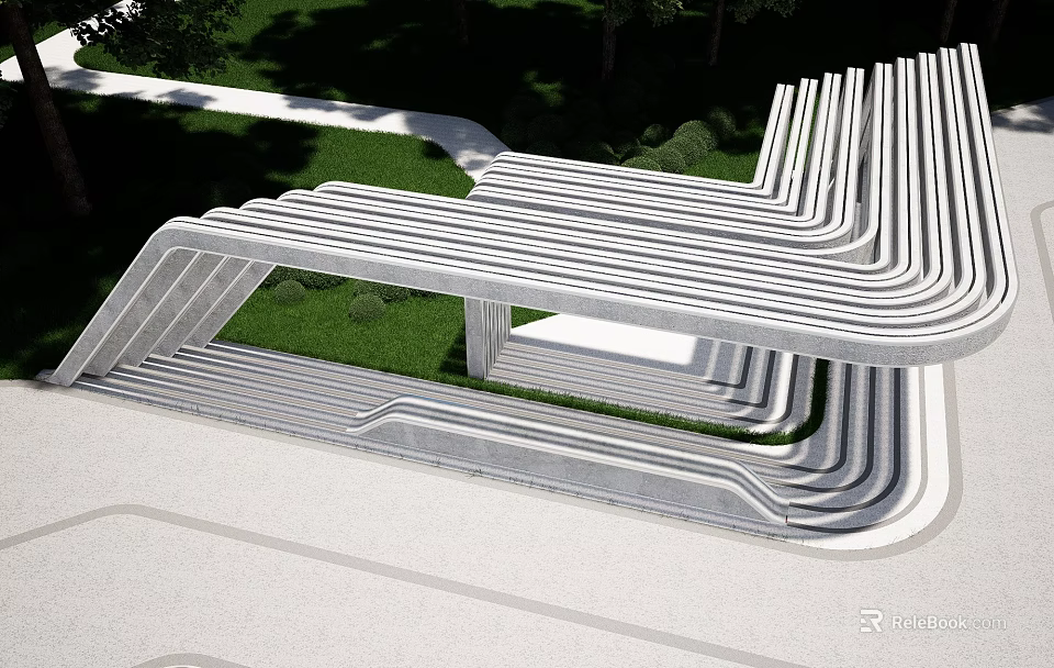 Modern Geometric Pergola Structure With Curved Lines Surrounded By Green Grass And Trees 3d model 