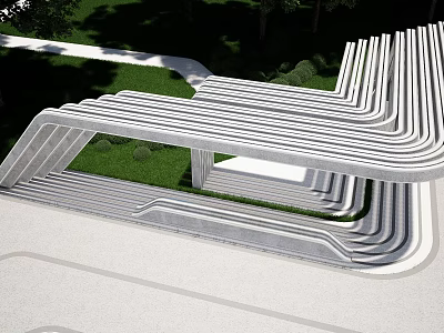 Modern Geometric Pergola Structure With Curved Lines Surrounded By Green Grass And Trees 3d model