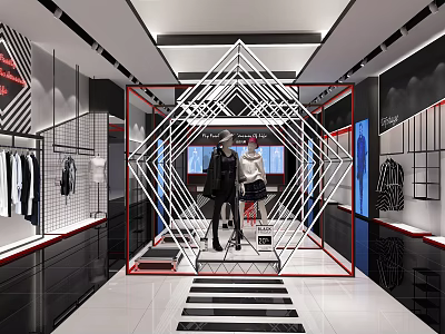 Modern Clothing Store Interior With Geometric Display Rack Mannequins And Clothing Displays 3d model