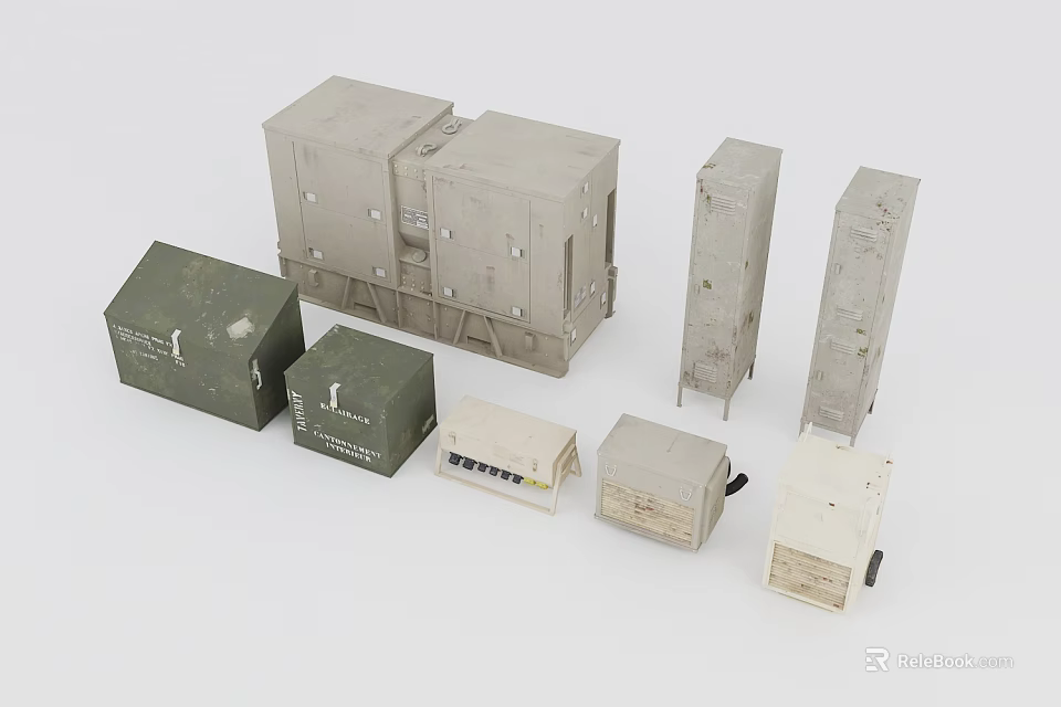 Industrial Equipment Including Green Gray Enclosures And Control Cabinets In Various Shapes Sizes 3d model 