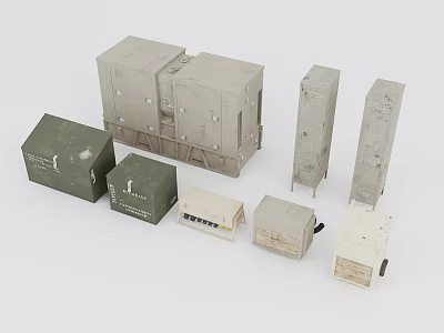 Industrial Equipment Including Green Gray Enclosures And Control Cabinets In Various Shapes Sizes 3d model