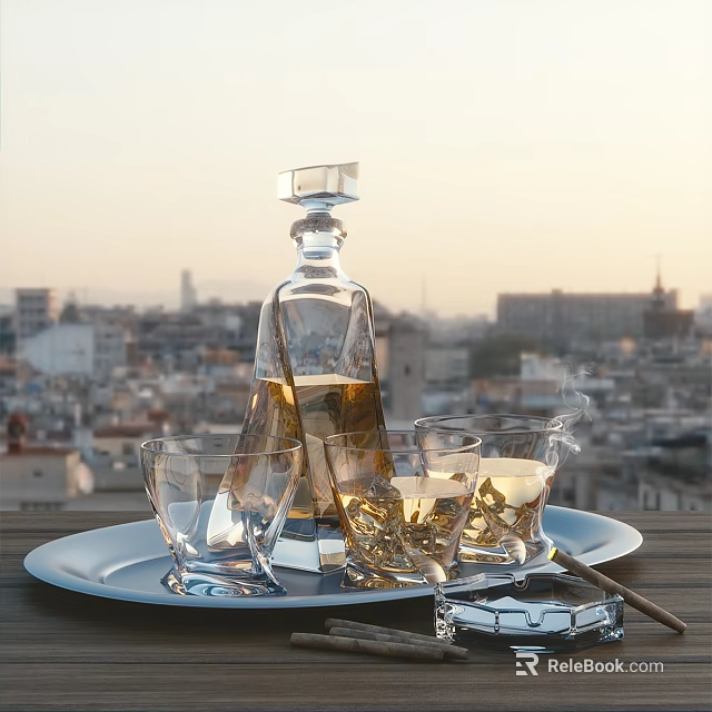 Crystal Liquor Decanter And Glasses On Tray At Outdoor Terrace 3d model 