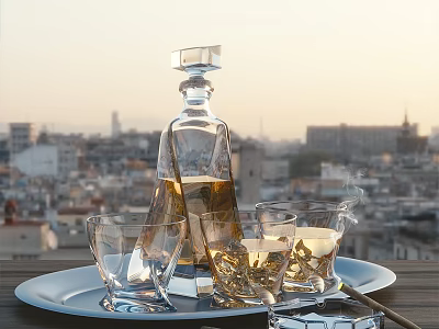 Crystal Liquor Decanter And Glasses On Tray At Outdoor Terrace 3d model