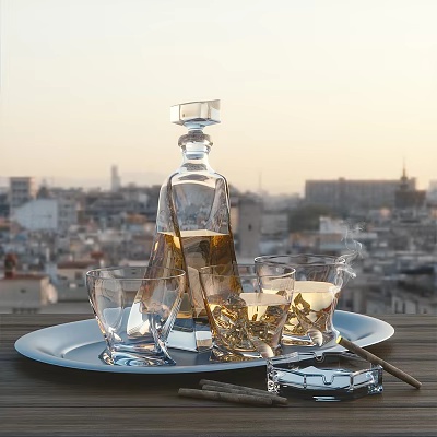 Crystal Liquor Decanter And Glasses On Tray At Outdoor Terrace 3d model