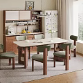 Modern Dining Table Set with Green Upholstered Chairs Vase Plants and Wooden Kitchen Cabinets
