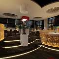 Modern Restaurant Interior With Curved Reception Desk Moon Lamp And Green Plant