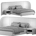 Modern Double Bed with Upholstered Headboard Nightstand White Pillows and Striped Blanket