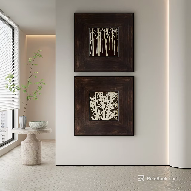 Dark Framed Abstract Paintings With White Tree Branch Patterns In Indoor Setting 3d model