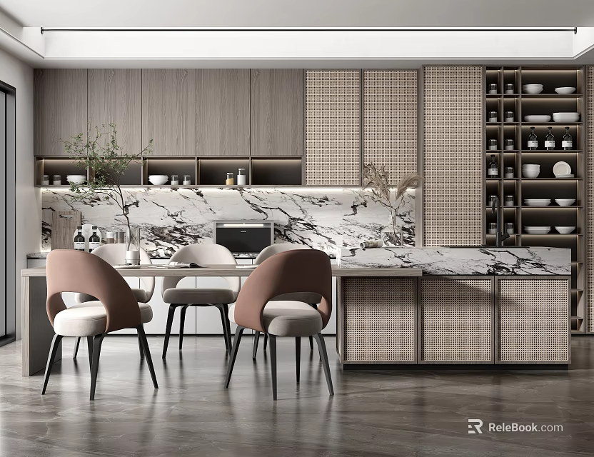 Modern Bar Area Interior Design With Marble Countertop Wooden Cabinets And Seating 3d model 