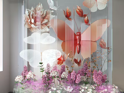 Art Installation With Transparent Screen Featuring Butterflies And Pink White Purple Flowers 3d model