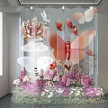 Art Installation With Transparent Screen Featuring Butterflies And Pink White Purple Flowers