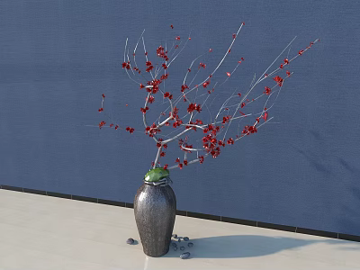 Gray Vase With Red Flower Branches On Light Floor Against Blue Wall With Small Stones 3d model