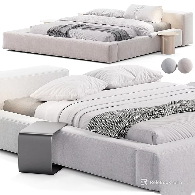 Modern Bed Design with Upholstered Frame White Pillows Gray Blanket and Sleek Nightstand 3d model 