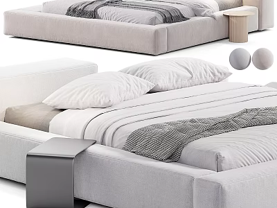 Modern Bed Design with Upholstered Frame White Pillows Gray Blanket and Sleek Nightstand 3d model