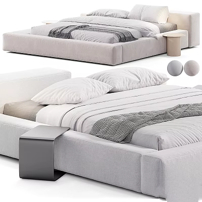 Modern Bed Design with Upholstered Frame White Pillows Gray Blanket and Sleek Nightstand 3d model