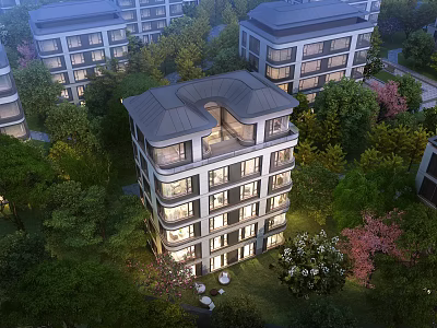 Modern Multistory Residential Building Surrounded By Green Trees And Lawn With Balconies 3d model