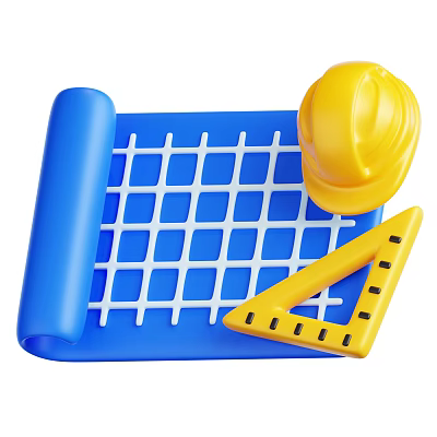 Essential Hardware Tools Set Featuring Blue Grid Mat Yellow Hard Hat And Triangular Ruler 3d model