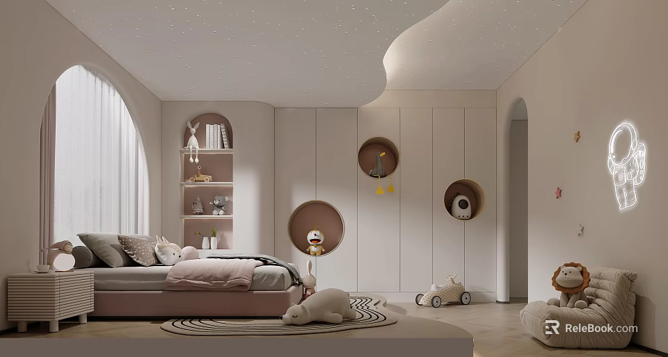 Playful Modern Kids Room Interior With Starry Ceiling Curved Walls Bed And Bookshelf 3d model 