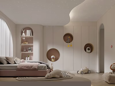 Playful Modern Kids Room Interior With Starry Ceiling Curved Walls Bed And Bookshelf 3d model