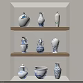 Traditional Blue And White Ceramic Vessels Displayed On Three Wooden Shelves In Wall Cabinet