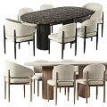 Modern Upholstered Dining Chairs With Wooden Legs And Oval Marble Tabletop