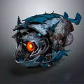 Mechanical Monster Head with Spiked Metal Parts and Glowing Orange Eye 3d model