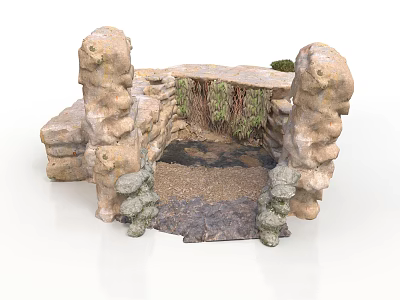 Natural Rock Garden Scene Structure With Water Basin Green Plants And Moss 3d model